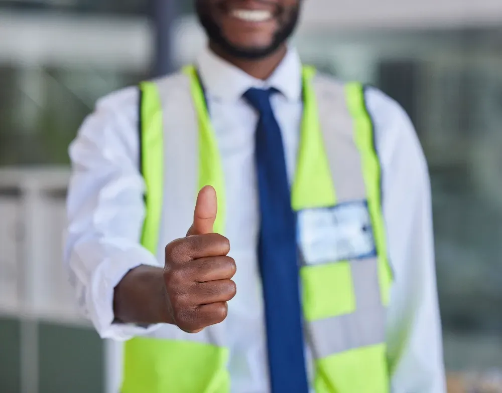 black man construction worker or thumbs up succes